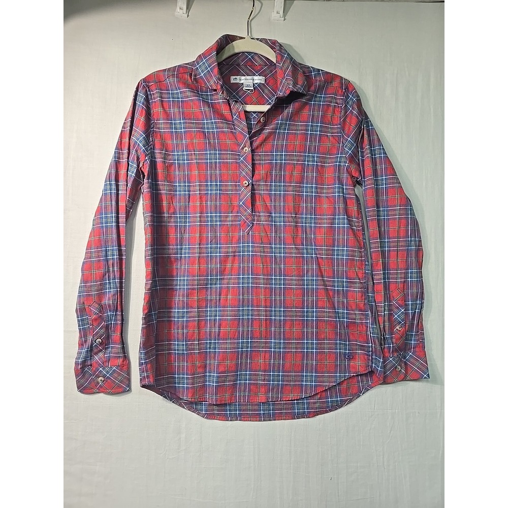 Southern Tide Women's XS LS Red Plaid Pullover Shirt 1/2 Button Front Stretch